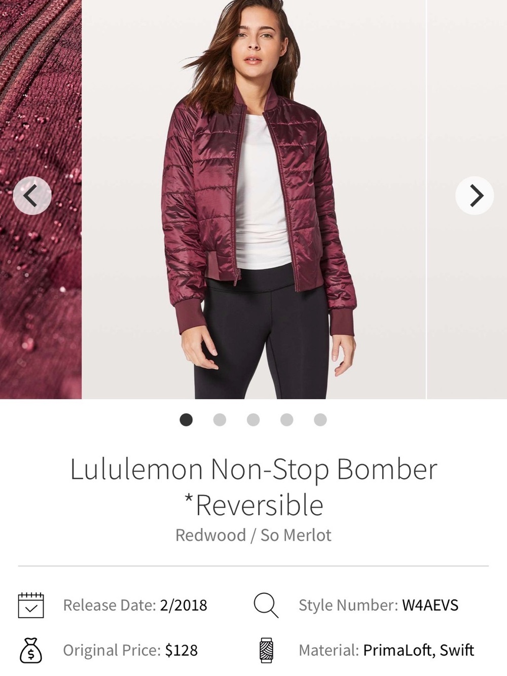 Lululemon Non-Stop Bomber Jacket - Redwood | So Merlot (Reversible)
Size 8